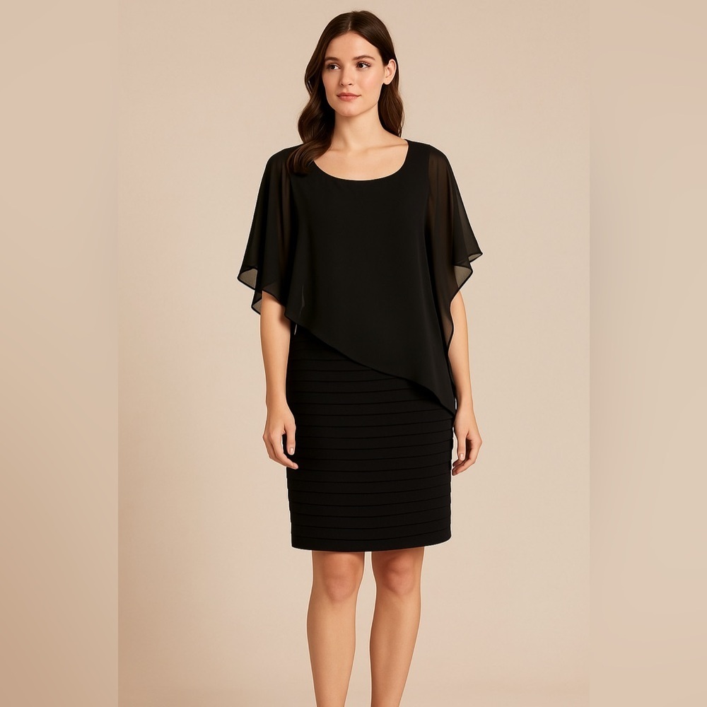 NWT Betsy & Adam Black Chiffon Cape Cocktail Dress Size 12 Elegant Formal